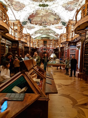 Abbey library of Saint Gall is a significant medieval monastic library located in St. Gallen, Switzerland. In 1983, the library, as well as the Abbey of St. Gall, were designated a World Heritage Site. the image shows the main room of the library.