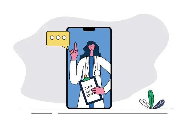 Vector illustration of Female doctor uses mobile phone video to see a doctor, remote video medical treatment.