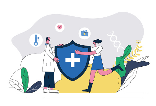 Male doctor delivers medical shield to woman, medical health protection concept illustration.