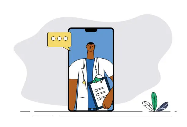 Vector illustration of A male doctor sees a doctor through video on his mobile phone, providing remote video medical treatment.