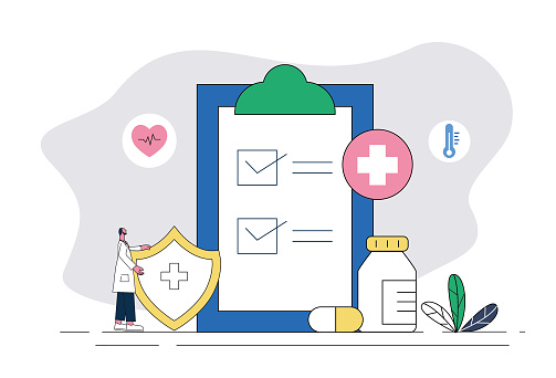 Medical record folder, heart icon, medical shield, thermometer, medicine bottle, male doctor, medical health concept illustration.
