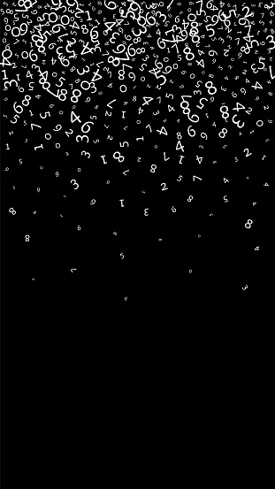 Falling numbers, big data concept. Binary white messy flying digits. Worthy futuristic banner on black background. Digital illustration with falling numbers.