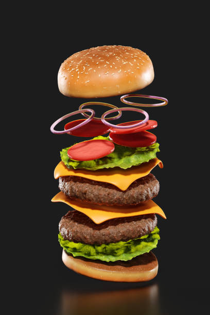 istock Flying hamburger with meat, cheese, tomato, lettuce and onions on dark background. 3D render of flying cheese burger with fast food concept. 1906846494