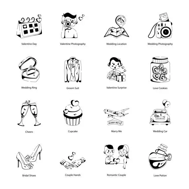 Vector illustration of Pack of Wedding and Love Glyph Icons