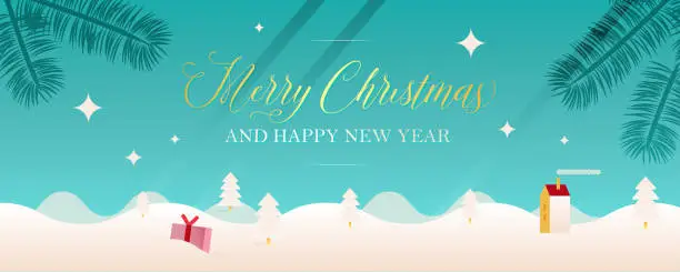 Vector illustration of Modern Flat Vector Illustration with Fir Tree Elements on the Snow Covered Landscape. Merry Christmas and Happy New Year Web Banner. Greeting Card Concept.