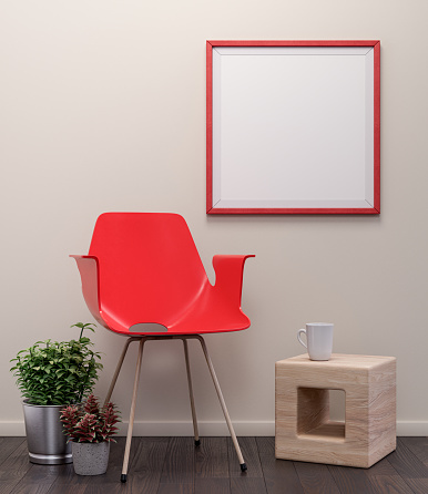 Single Square picture frame in red color on the wall in a light brown interior room for posters and product showcase and copy space. Modern interior room for posters. 3D Rendering, nobody.
