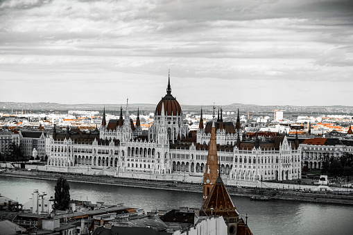 An aerial photo of the Hungarian Parliament building in Budapest, Hungary