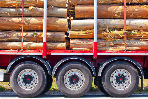 Close-up view of stationary red truck trailer loaded with stacks of logs, three wheels. A Coruña province, Galicia, Spain.