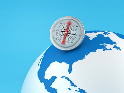 3D Compass on Globe World Map - Color Background - 3D Rendering