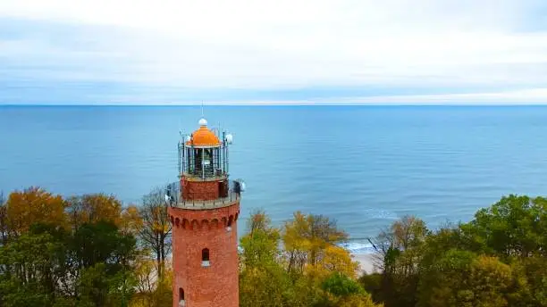 Drone-captured image of Gski Lighthouse, Poland, on a cloudy November day. The serene sea, gentle waves, and empty beach create a tranquil coastal scene, offering a peaceful retreat by the Baltic.