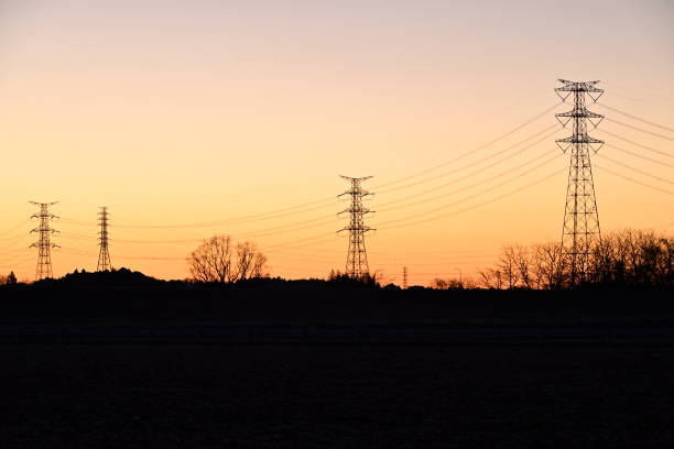 istock Towers of power line in magic hour 1906960934