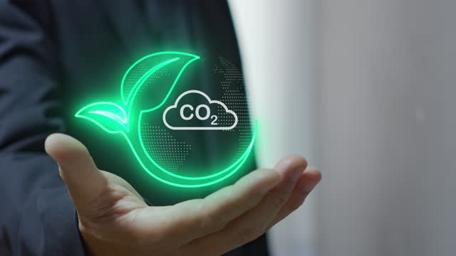 Businessman shows virtual leaf icon with CO2 icon. Net zero greenhouse gas emissions target. Reduce CO2, green business using environmentally renewable energy. change, weather concept.