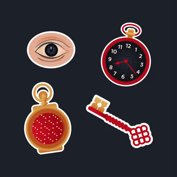 Vector illustration of Vintage Retro Sticker Pack. Modern Flat Vector Concept Illustrations. Old-Fashioned Clocks, Key, Eye. Social Media Ads.