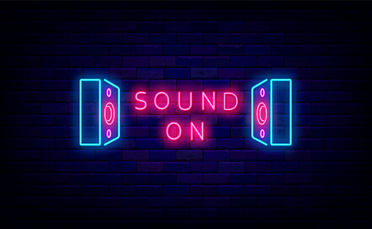 Acoustic system neon logotype. Music columns and sound on text. Luminous music shop label. Talent show and karaoke emblem. Light sign. Glowing banner. Editing text. Vector stock illustration