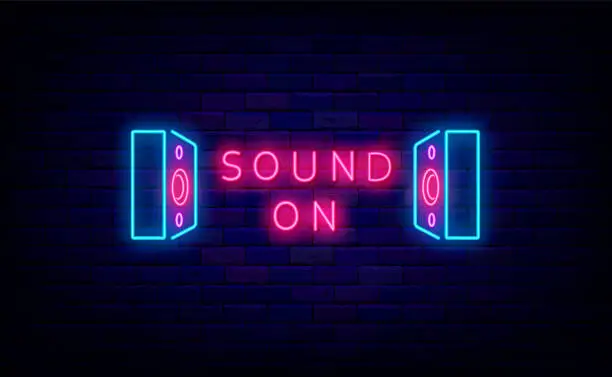 Vector illustration of Acoustic system neon logotype. Music columns and sound on text. Luminous music shop label. Vector illustration