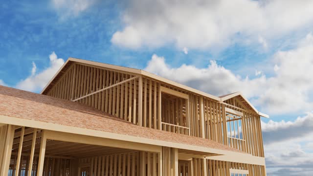 Construction of a frame house. Conceptual video of a frame house under construction. Wooden truss frame and wall against a background of blue sky and sunbeams. 3D animation