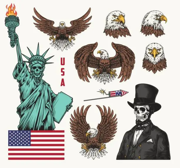 Vector illustration of American symbols colorful set logotype