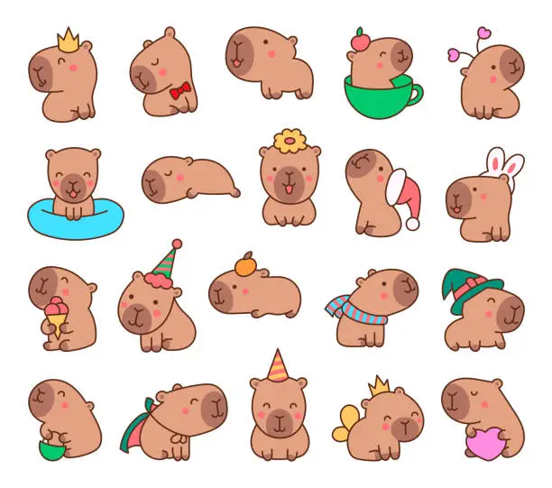 Vector illustration of Cute cartoon kawaii capybara. Animal funny characters. Hand drawn style. Vector drawing. Collection of design elements.