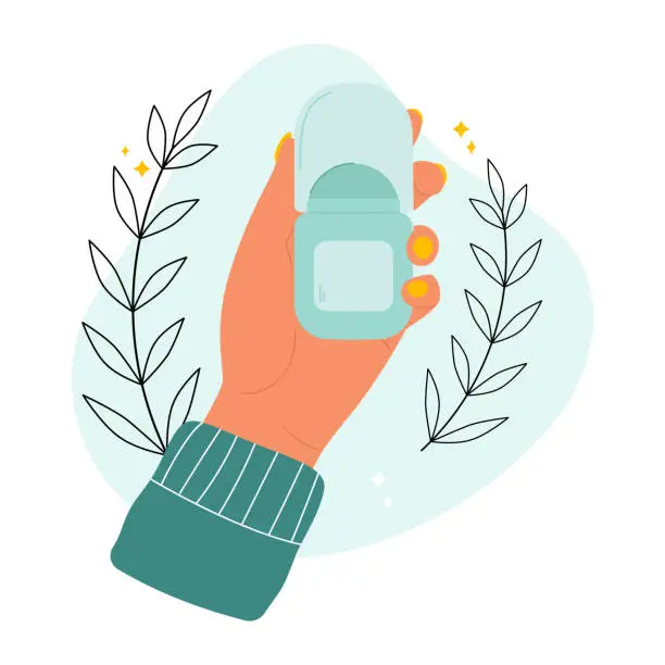 Vector illustration of Female hand holds deodorant. Daily hygiene routine. Vector illustration