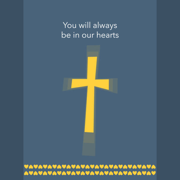 ilustrações de stock, clip art, desenhos animados e ícones de funeral card template with yellow cross and hearts - cross cross shape shiny gold