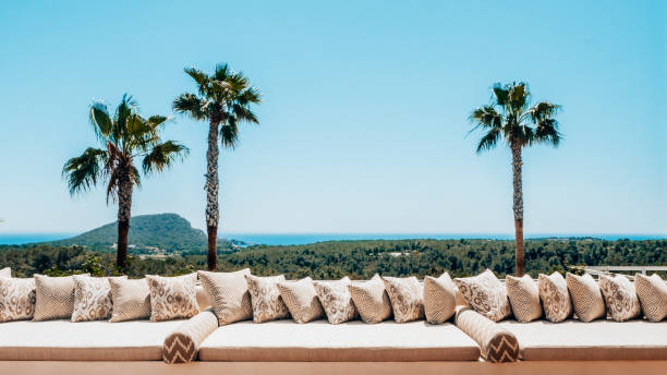 Beach lounge - ocean villa seaside & sea view for vacation and summer / 3d render outdoor - Illustration