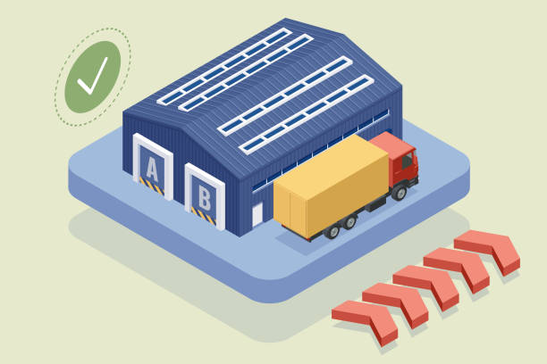 Isometric Logistics and Delivery. Modern warehouse with truck. Delivery company. City logistics. Isometric Logistics and Delivery. Modern warehouse with truck. Delivery company. City logistics central european time stock illustrations