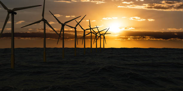 istock Offshore power generation, wind turbines in the sea. 1907023274