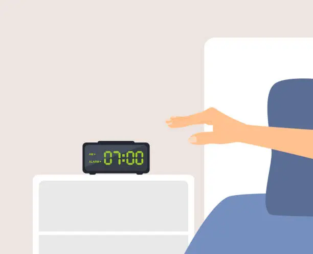 Vector illustration of Hand Turning Off Digital Alarm Clock In The Morning. Waking Up Early Concept