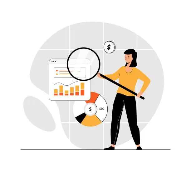 Vector illustration of Financial report and marketing research, cost and income planning, SEO budget. Analysis graphics and charts. Illustration with people scene in flat design for website and mobile development.