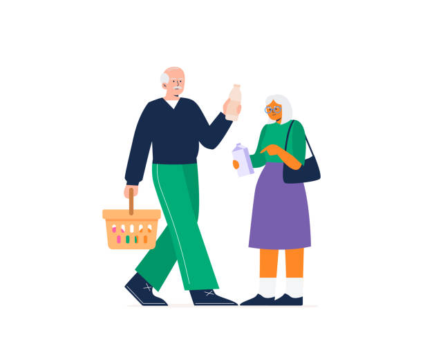 An older couple with a shopping basket chooses goods and daily supplies. Buying food in a grocery store. Vector flat illustration on a white background. An older couple with a shopping basket chooses goods and daily supplies. Buying food in a grocery store. Vector flat illustration on a white background. mature woman healthy eating stock illustrations