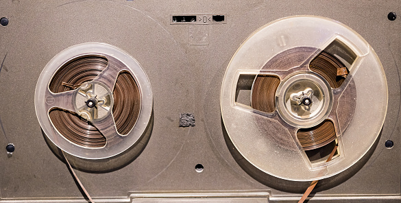 Vintage reel-to-reel tape recorder. Player's magnetic coils.