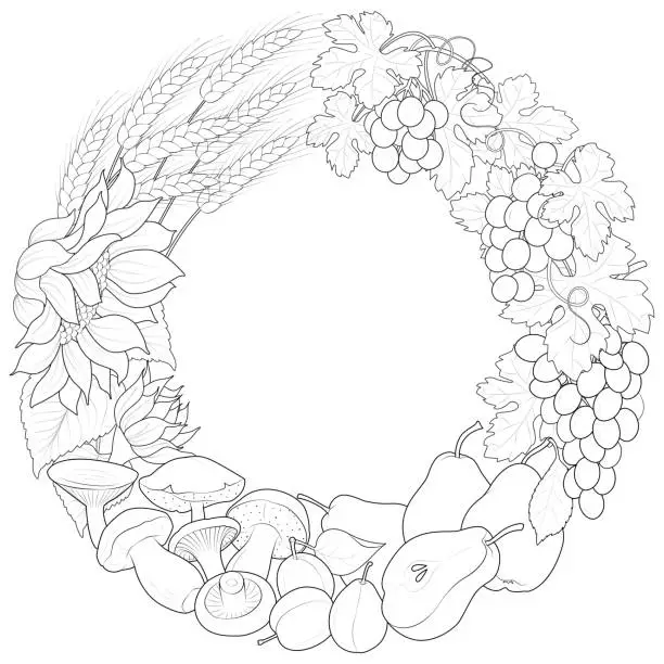 Vector illustration of Autumn wreath decorative border with sunflowers, pears and mushrooms.