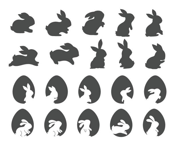 illustrations, cliparts, dessins animés et icônes de silhouette du lapin de pâques dans diverses poses. éléments décoratifs de carte de voeux de fête de l’œuf de pâques - lapin de pâques