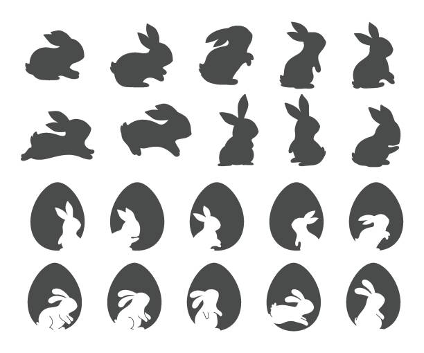 Silhouette of the Easter Bunny in various poses. Easter egg festival greeting card decorative elements Silhouette of the Easter Bunny in various poses. Easter egg festival greeting card decorative elements egg silhouettes stock illustrations