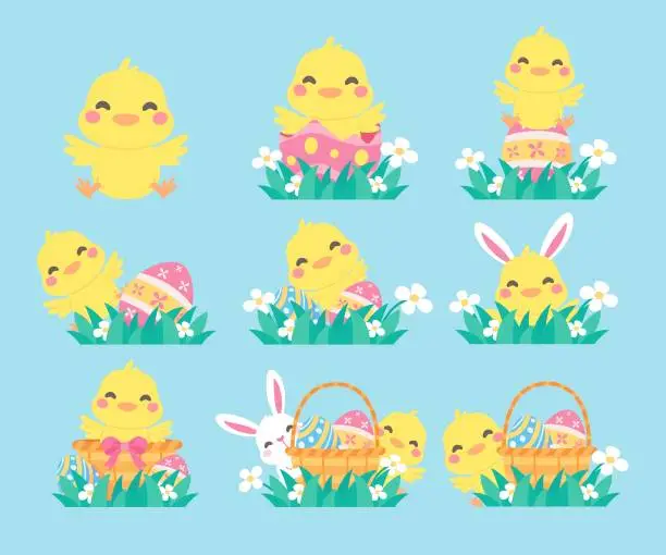 Vector illustration of Cartoon chick with Easter eggs in the grass and Easter egg search activity with children.