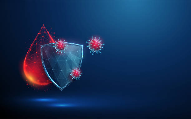 Abstract red drop of blood behind the blue guard shield attacked by viruses. Low poly style. Virus protection concept. Abstract red drop of blood behind the blue guard shield attacked by viruses. Low poly style. Virus protection concept. Blue geometric background. Wireframe light structure. Modern 3d graphic. Vector antiviral drug stock illustrations