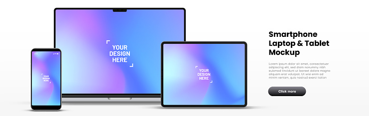 Modern laptop mockup front view and high quality smartphone and tablet mockup isolated on white background. Notebook mockup and phone device mockup for ui ux app and website presentation.Stock Vector.