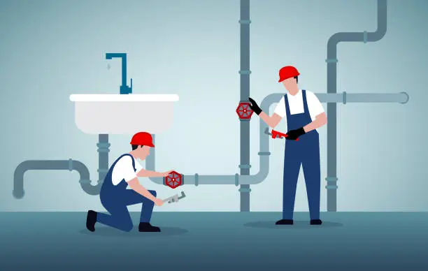 Vector illustration of Plumber repairing pipe. Vector illustration.