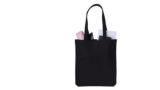 Black Stylish Blank Tote Bag Mock-up Isolated on White Background, Customizable Canvas Fashion Template Mockup for Trendy Branding and Merchandise