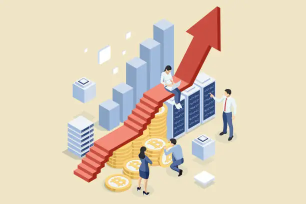 Vector illustration of Isometric Digital Currency Adoption, Blockchain Technology, Crypto Consulting and Staking and Yield Farming