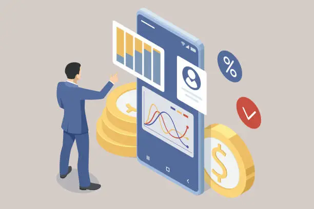 Vector illustration of Isometric Expert team for Data Analysis, Business Statistic, Management, Consulting, Marketing. Communication and contemporary marketing. Corporate people working together