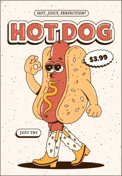 Vector illustration of Cool hot dog poster in retro groovy style. Trendy cartoon illustration. Maskot for cafes, bars, restaurants.