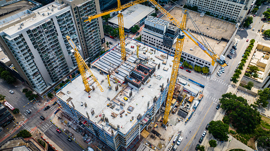Austin, United States – June 10, 2023: A bustling construction site in downtown Austin. Texas, USA