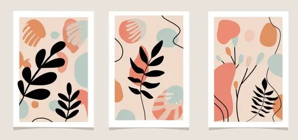 Vector illustration of Wall art set of 3 abstract gallery. Scandinavian, minimalism, boho style,. Design of premises, rooms, offices, halls, corridors, bedrooms. Contemporary art.