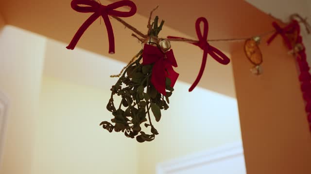Mistletoe hangs in doorway, with red bows and twine. Holiday decor.