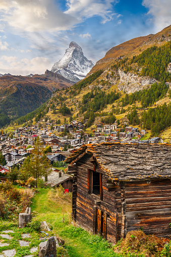 Zermatt, Switzerland with old farmhouses under the Matterhorn.