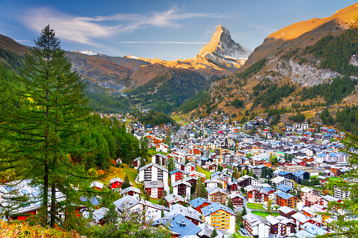 beautiful landscape of Switzerland with Alps and Thun lake