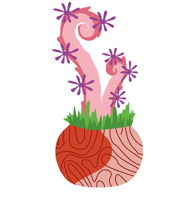Fantasy Plant in flower pot. Element for Game with Alien plants with Tentacle isolated on white background. Pink organism, monster, creature with tentacles. Design Art for Book, Poster, Print, Card.