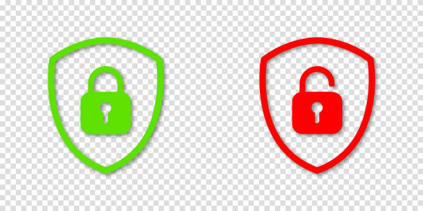 Green lock and red unlock padlock with shiled icons. Vector clipart illustration on a transparent background. For web site or mobile app about security information. Green lock and red unlock padlock with shiled icons. Vector clipart illustration on a transparent background. For web site or mobile app about security information. shiled stock illustrations