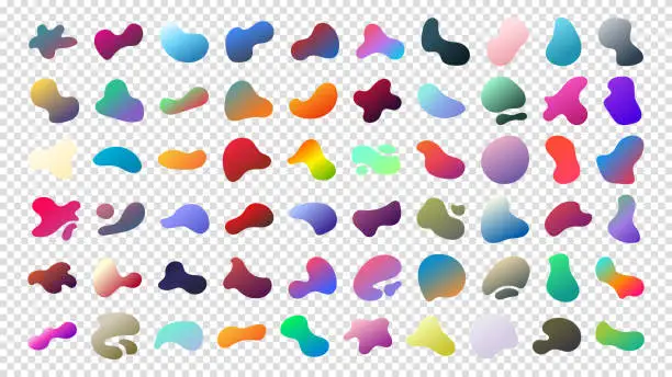 Vector illustration of Fluid blob gradient elements. Liquid shapes, round abstract elements. Blotch shapes in neon colors. Simple water forms. Set of gradient blob liquid elements. Vector illustration